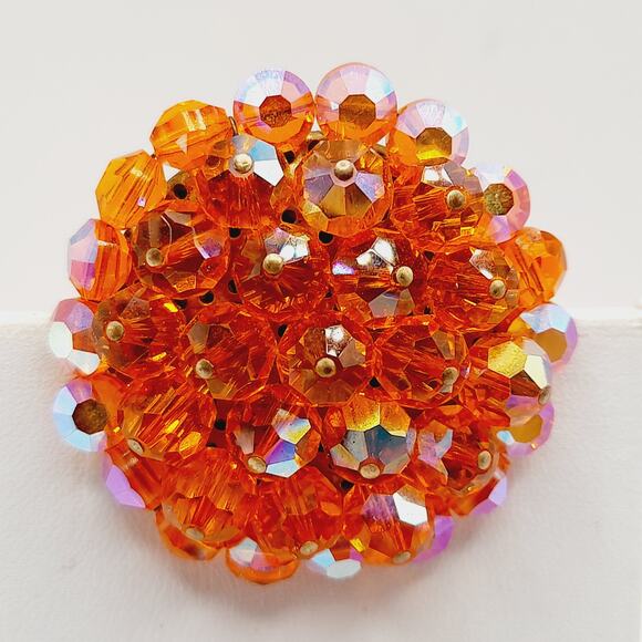 Vintage Orange AB Crystal Bead Brooch Round Layered 1.5" C Clasp - Picture 1 of 7